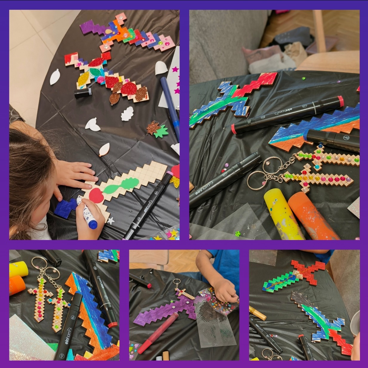 Warsztaty plastyczne dla dzieci: dziewczynka koloruje drewniany miecz w stylu Minecraft, obok leżą markery i inne ozdoby. Kreatywne zajęcie podczas animacji.