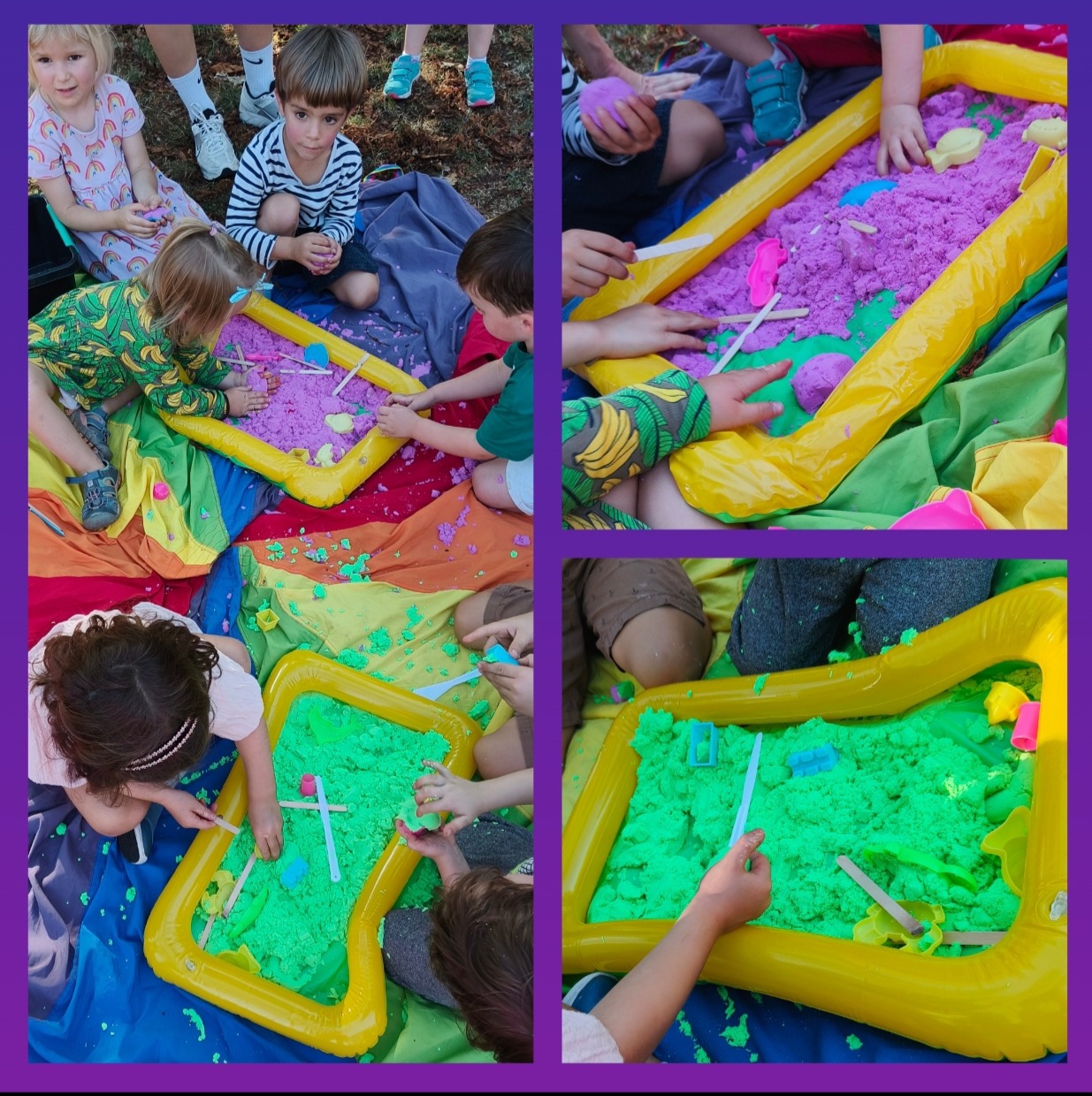 Dzieci bawią się kolorowym piaskiem kinetycznym w dmuchanych piaskownicach na kocu w plenerze. Kreatywna zabawa z animatorem podczas imprezy dla dzieci.
