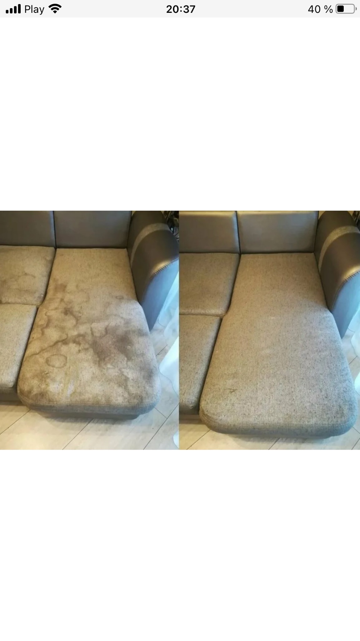 Sofa narożna z tapicerką w odcieniach szarości, widok przed i po czyszczeniu, prezentujący wyraźną różnicę w wyglądzie i usunięciu plam.