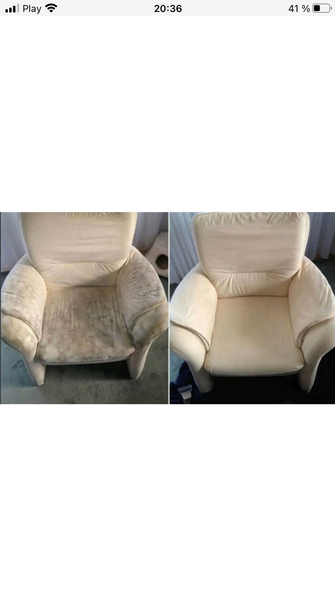 Kremowy fotel tapicerowany, porównanie stanu przed i po czyszczeniu, widoczne wyraźne różnice w kolorze i czystości tkaniny.