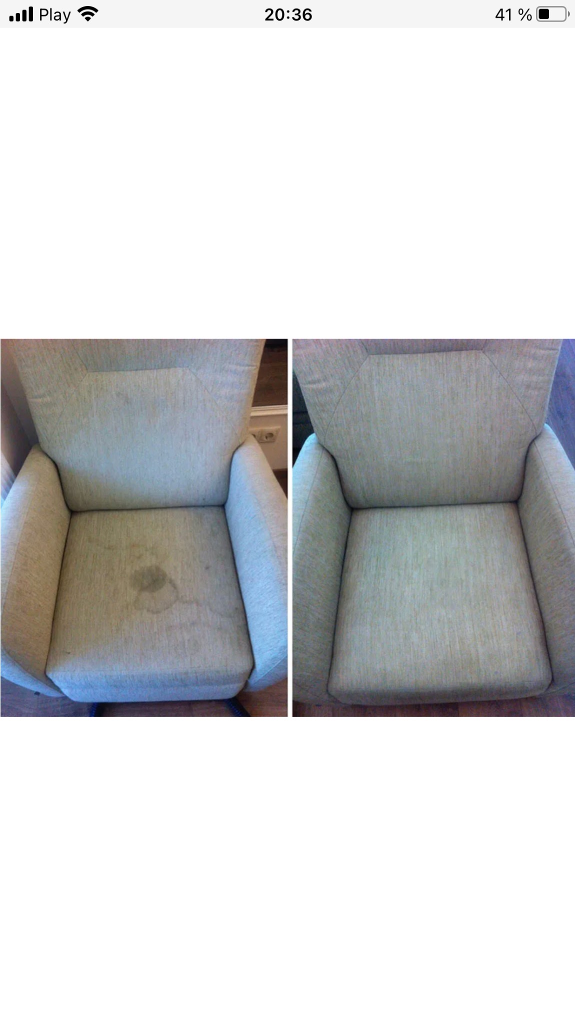 Porównanie fotela przed i po czyszczeniu: po lewej widoczna plama, po prawej czysty materiał.