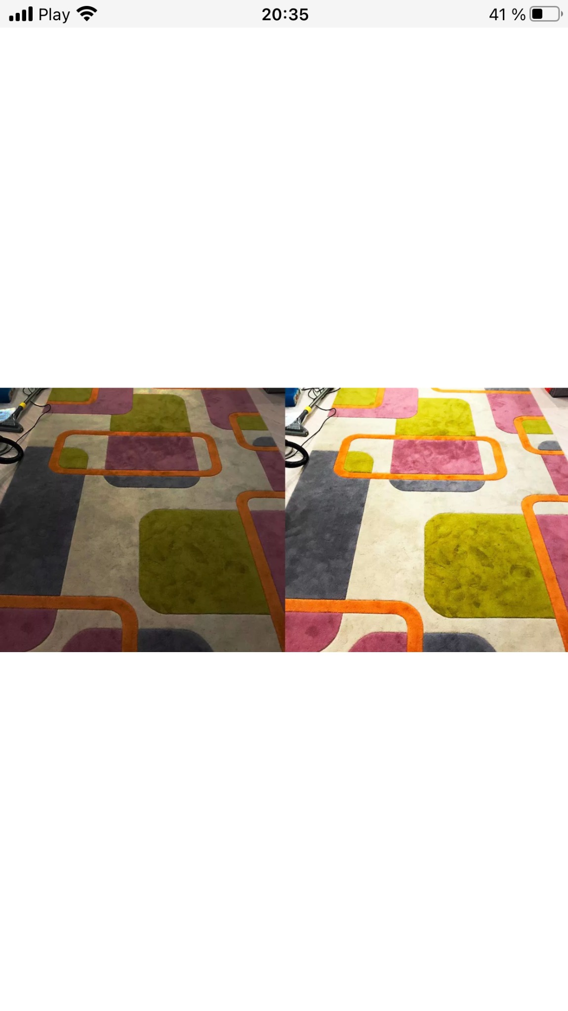 Dywan z geometrycznym wzorem, widoczna różnica w czystości połowy dywanu po zabiegu czyszczenia, sprzęt do prania dywanów w tle.