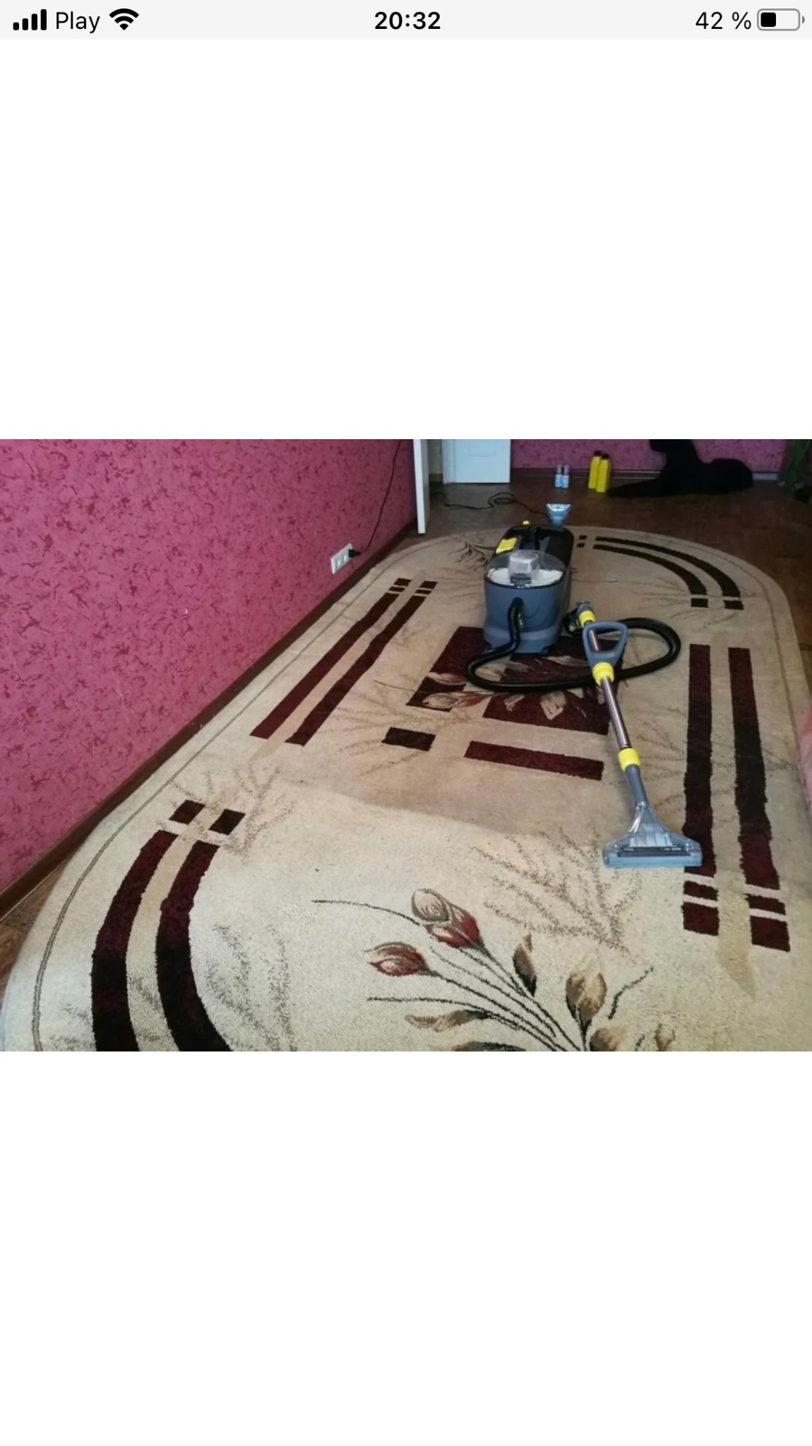 Owalny dywan z wzorem kwiatowym, częściowo wyczyszczony, obok stoi odkurzacz piorący z żółtymi elementami, widoczna ściana w kolorze fuksji.