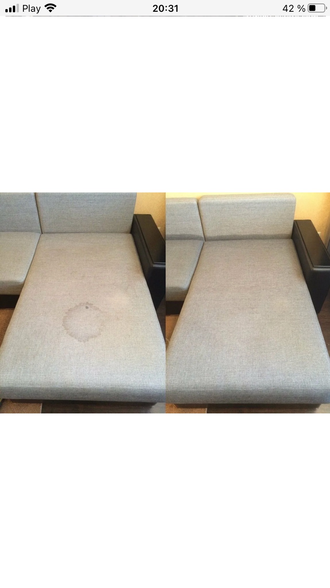 Porównanie stanu kanapy przed i po czyszczeniu: widoczna plama na jasnoszarej tapicerce przed zabiegiem i jej brak po profesjonalnym wypraniu.