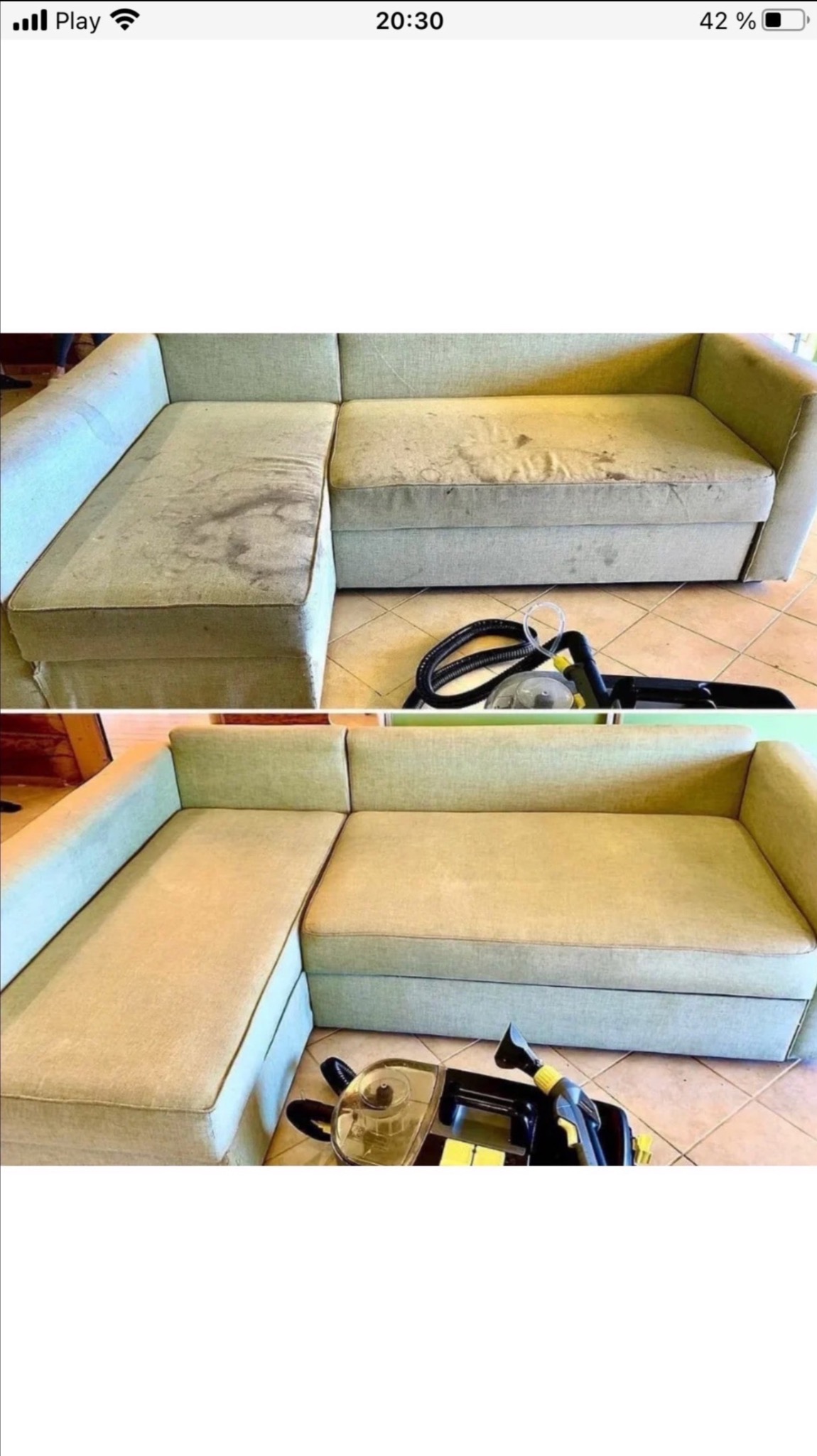 Dwu-częściowe zdjęcie narożnika przed i po czyszczeniu, z widocznym odkurzaczem piorącym na kafelkowej podłodze