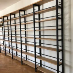 Duży, nowoczesny regał na książki z drewnianymi półkami i czarną metalową konstrukcją, ustawiony na parkiecie w jasnym pomieszczeniu, z widocznym fragmentem rośliny i psa w lewym dolnym rogu.