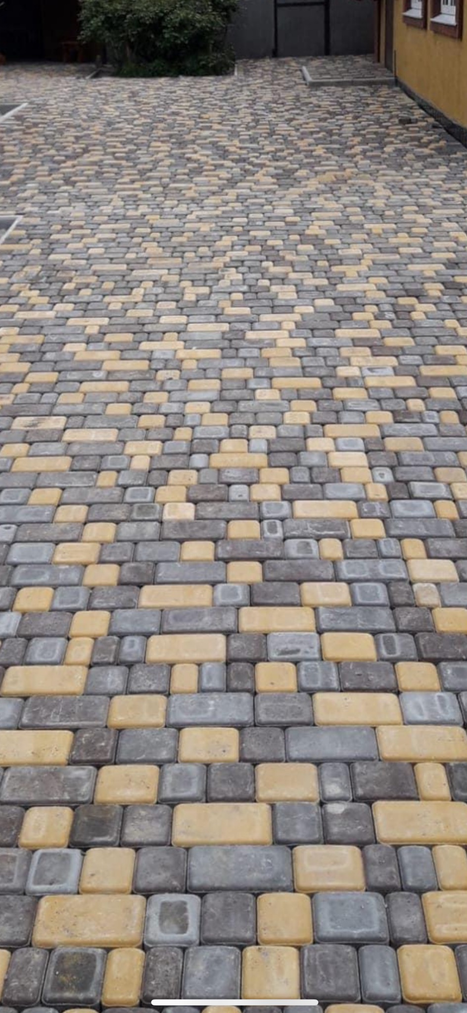 Ułożona nawierzchnia z kostki brukowej w odcieniach szarości i żółci, widok z perspektywy chodnika prowadzącego do budynku.