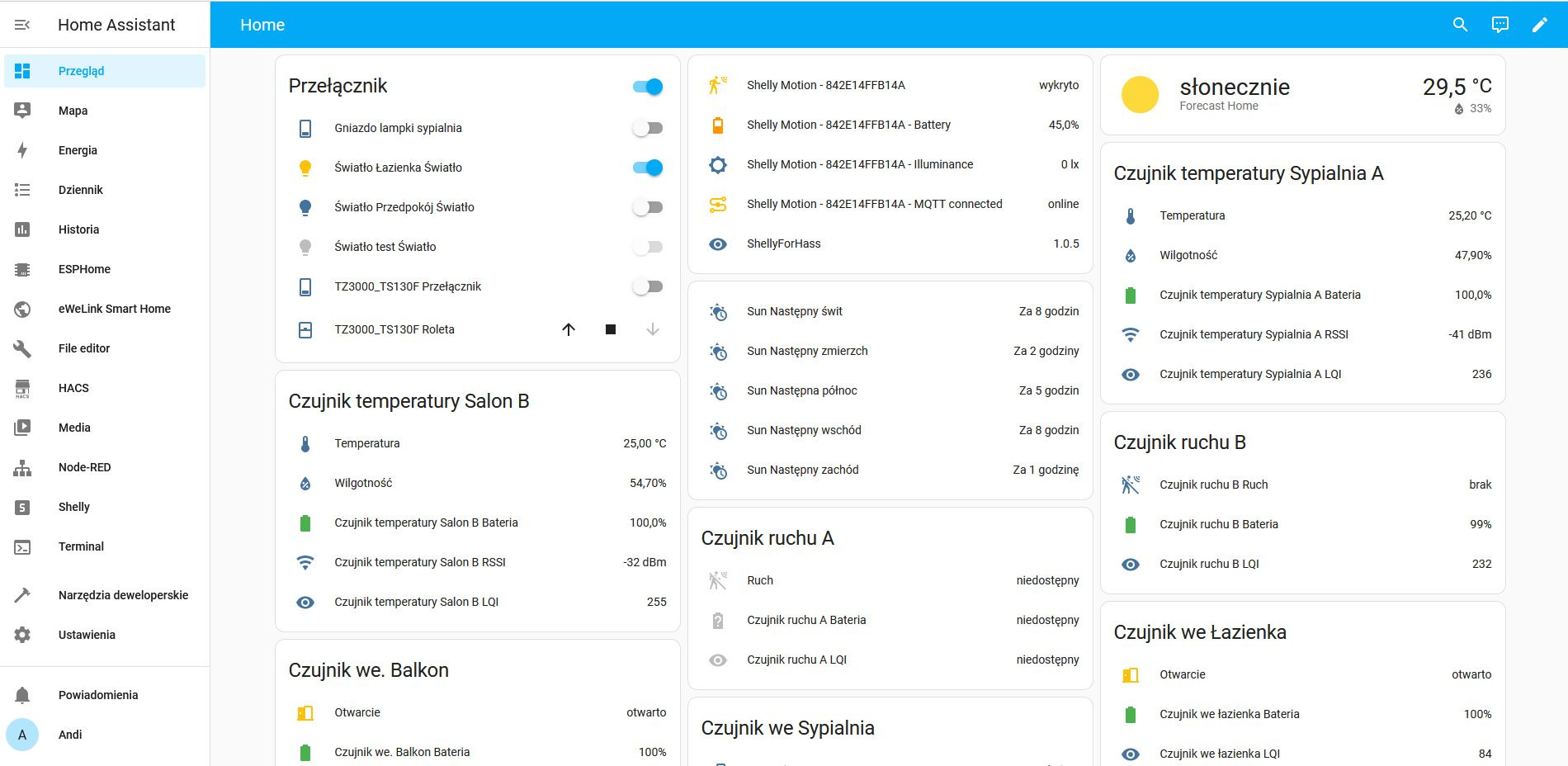Interfejs użytkownika systemu Home Assistant prezentujący status i sterowanie urządzeniami inteligentnego domu, w tym czujniki temperatury, ruchu, oświetlenie oraz informacje o pogodzie.