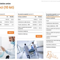 Przykłady pakietów ubezpieczenia dla dzieci w wieku 10-ciu lat.

Podane kalkulacje są jedynie przykładem, na ostateczną wysokość składki wpływają takie czynniki jak:
stan zdrowia, dokładny wiek, tryb życia, sum ubezpieczenia, okresu trwania umowy główne