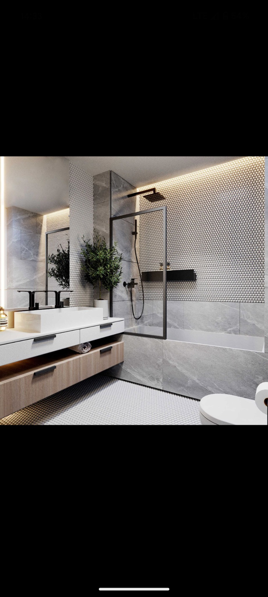 Nowoczesna łazienka z mozaikową ścianą, kabiną prysznicową typu walk-in z czarnymi ramami, podwieszaną szafką z drewnianymi frontami i umywalką nablatową.