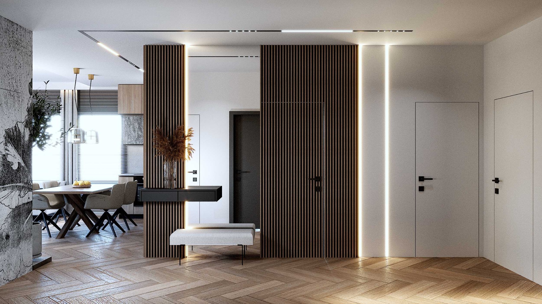 Nowoczesny przedpokój z drewnianą podłogą w jodełkę, ścianą z pionowych lameli i minimalistycznym oświetleniem LED, uzupełniony konsolą z dekoracyjnym wazonem i tapicerowanym siedziskiem.
