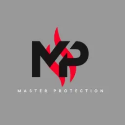 Logo firmy Master Protection: czarne litery MP z czerwonymi płomieniami na szarym tle.