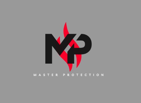 Logo firmy Master Protection: czarne litery MP z czerwonymi płomieniami na szarym tle.