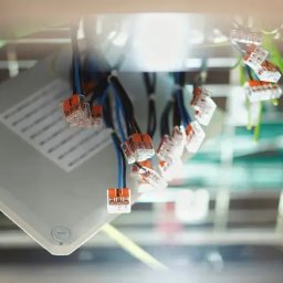 ElektrykWAW.pl Profesjonalny elektryk - Szara puszka elektryczna z podłączonymi przewodami za pomocą pomarańczowych złączek Wago, widoczne przewody w kolorze niebieskim i czarnym, instalacja w trakcie podłączania.