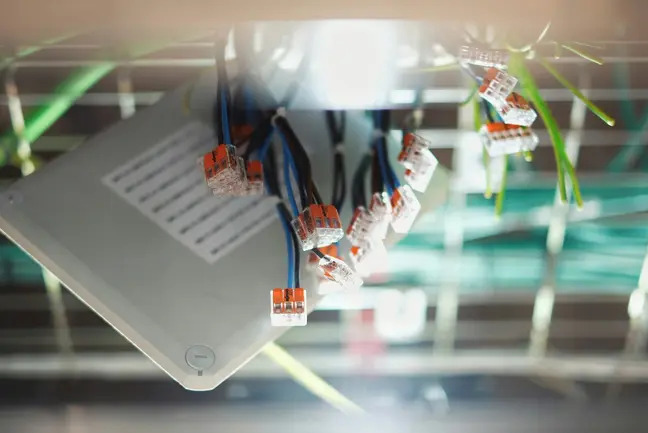 Szara puszka elektryczna z podłączonymi przewodami za pomocą pomarańczowych złączek Wago, widoczne przewody w kolorze niebieskim i czarnym, instalacja w trakcie podłączania.
