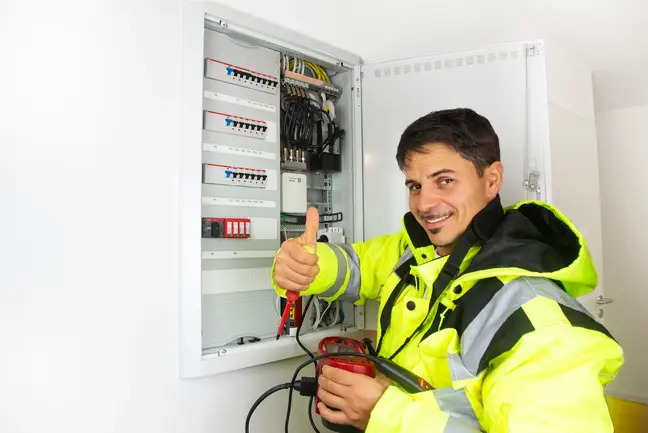 Elektryk w jaskrawożółtej kurtce z odblaskami, uśmiechnięty i z uniesionym kciukiem, trzyma miernik elektryczny przed otwartą skrzynką z bezpiecznikami i przewodami.