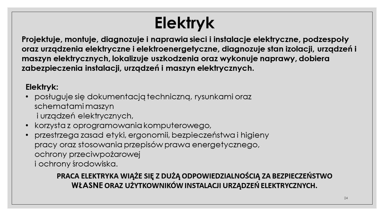 Tekst informacyjny o zawodzie elektryka, zawierający opis zakresu obowiązków, wymaganych umiejętności i zasad bezpieczeństwa.