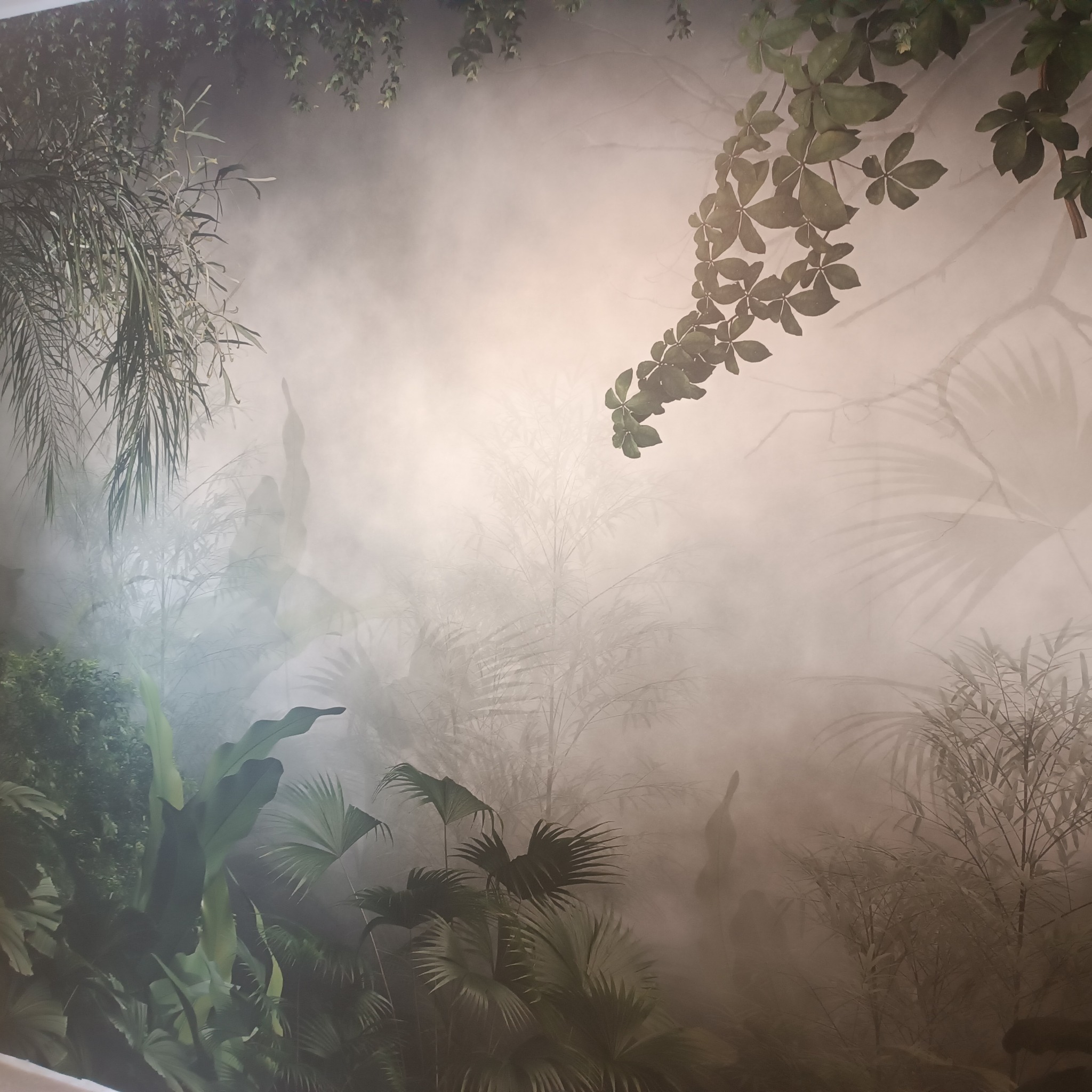 Fototapeta z motywem dżungli w stylu vintage, z widocznymi palmami, bananowcami i innymi roślinami tropikalnymi, przysłonięta mgłą, tworząca iluzję głębi.