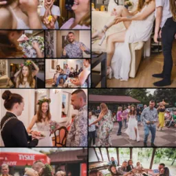 Mozaika zdjęć z przygotowań do ślubu, ceremonii i przyjęcia weselnego, w tym panna młoda z wiankiem, goście i tańce.