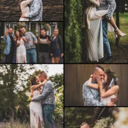 Kolaż zdjęć z sesji ślubnej: para młoda w objęciach na tle kamiennej ściany, zielonego żywopłotu i kwitnącego ogrodu, oraz zdjęcie z gośćmi weselnymi.