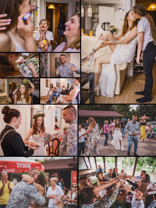 Mozaika zdjęć z przygotowań do ślubu, ceremonii i przyjęcia weselnego, w tym panna młoda z wiankiem, goście i tańce.