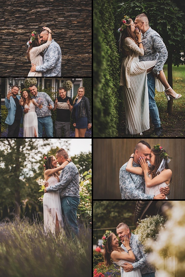 Kolaż zdjęć z sesji ślubnej: para młoda w objęciach na tle kamiennej ściany, zielonego żywopłotu i kwitnącego ogrodu, oraz zdjęcie z gośćmi weselnymi.