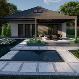 Nowoczesny dom z płaskim dachem i pergolą, otoczony ogrodem z oczkiem wodnym i kamiennymi ścieżkami, widok z zewnątrz w słoneczny dzień.