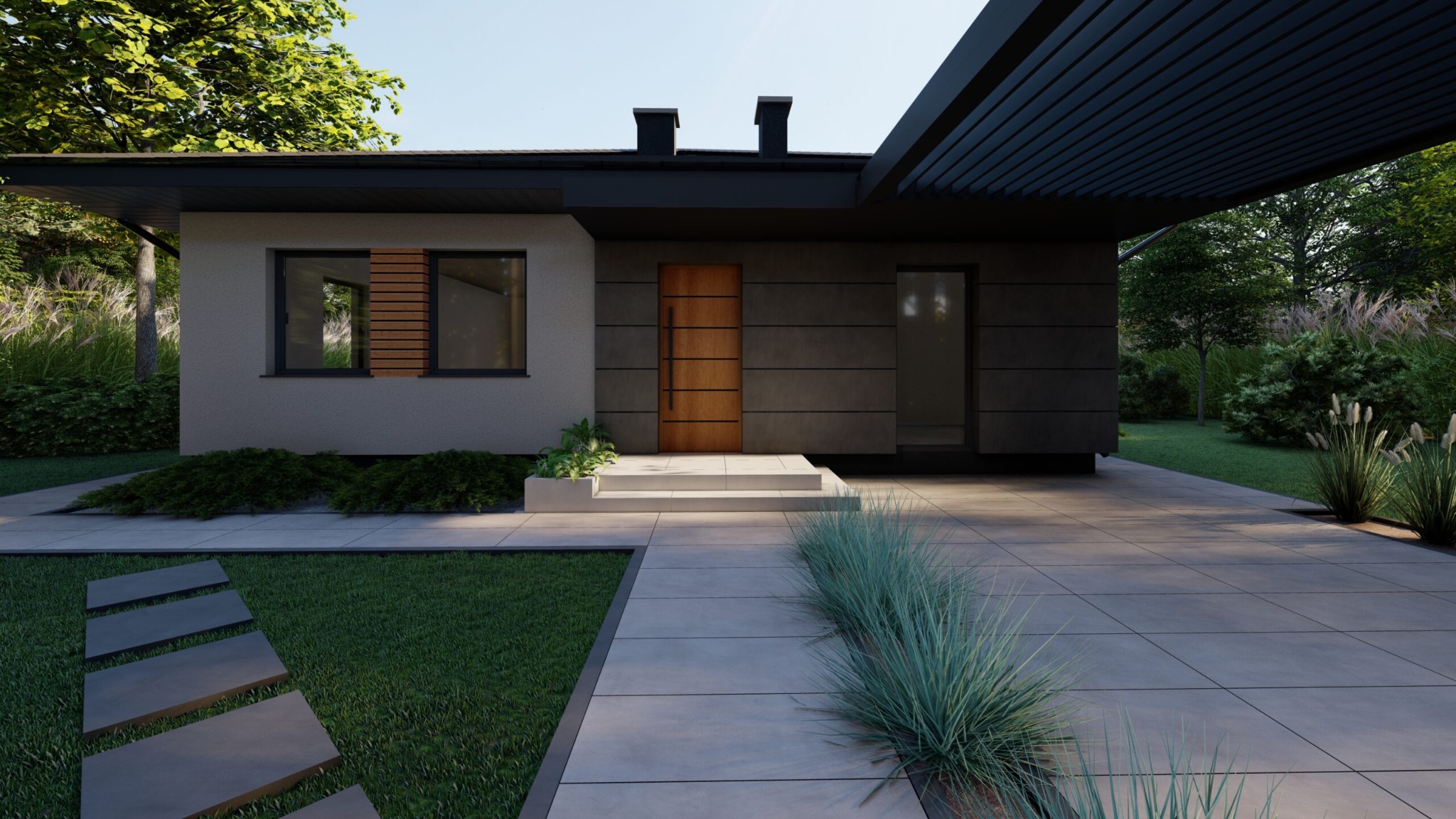 Nowoczesny dom jednorodzinny z płaskim dachem, drewnianymi drzwiami wejściowymi i minimalistycznym ogrodem z kamiennymi ścieżkami.