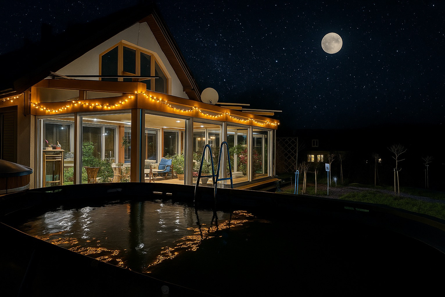 Oświetlona weranda z przeszklonymi ścianami, widok nocą z basenem na pierwszym planie i rozgwieżdżonym niebem z księżycem w tle.