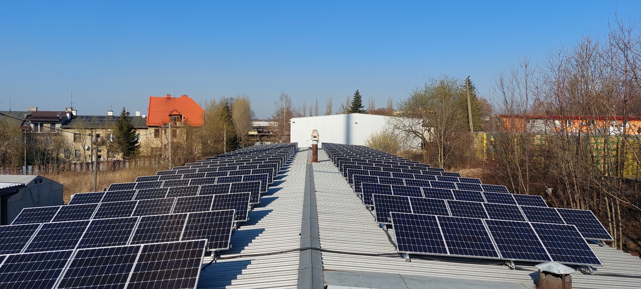 Rząd paneli fotowoltaicznych na dachu budynku przemysłowego, w tle budynki mieszkalne i drzewa bez liści pod błękitnym niebem.