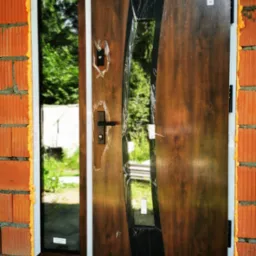 Montaż brązowych drzwi zewnętrznych z przeszkleniem, zabezpieczonych folią, w surowym murze z pianką montażową. Widok na zieleń przez szybę.