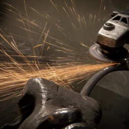 Szlifowanie metalowego elementu szlifierką kątową, widoczne iskry i rękawice ochronne.