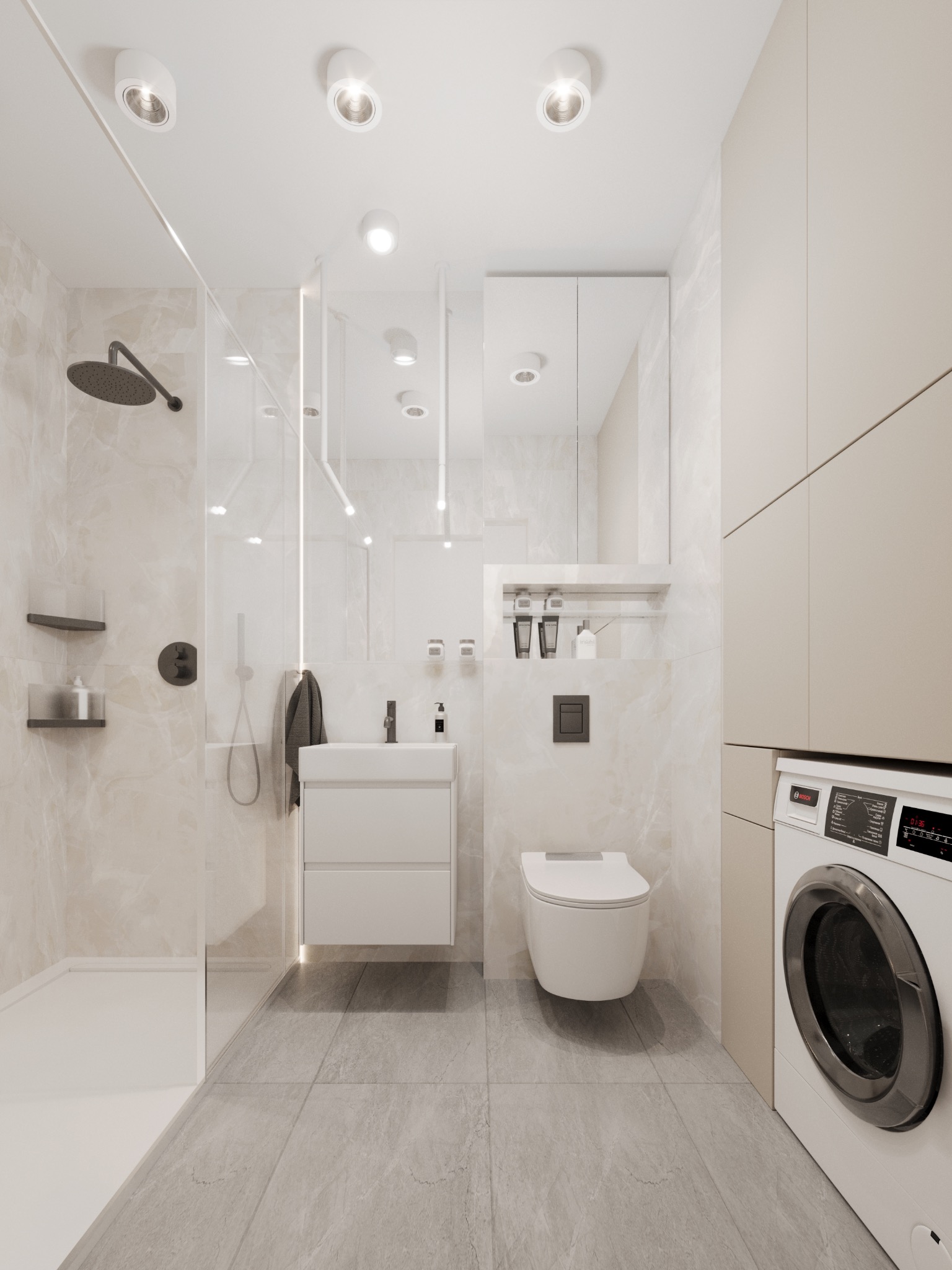 Minimalistyczna, kremowa łazienka