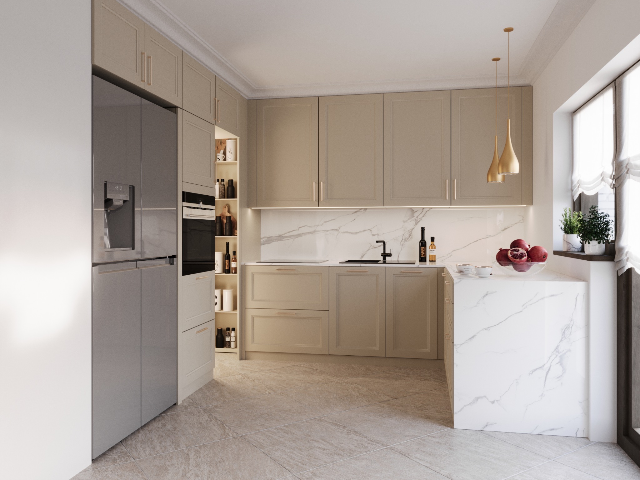Wizualizacja kuchni w odcieniach beżu z marmurowym blatem, oświetleniem punktowym LED pod szafkami i złotymi lampami wiszącymi, uzupełniona o detale jak owoce w misie i przyprawy na blacie.
