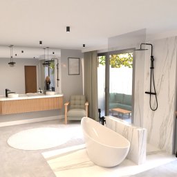 zacznij_od_wnetrza - Nowoczesna łazienka z wolnostojącą wanną, umywalką na drewnianej szafce, dużym lustrem, oknem z widokiem na taras i kobietą w szlafroku.