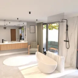 Nowoczesna łazienka z wolnostojącą wanną, umywalką na drewnianej szafce, dużym lustrem, oknem z widokiem na taras i kobietą w szlafroku.