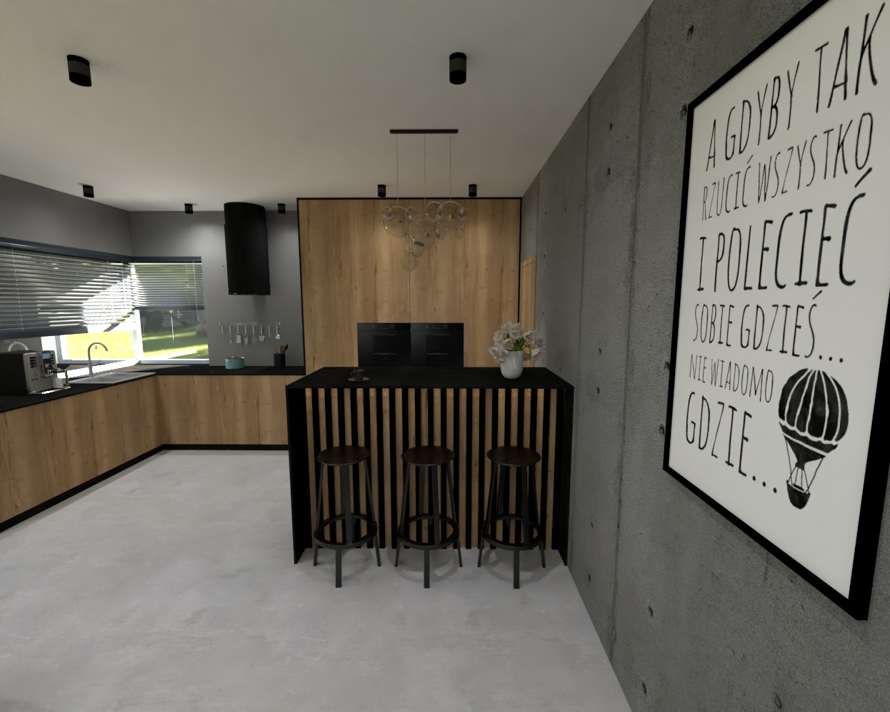 Wizualizacja nowoczesnej kuchni z wyspą z czarnych pionowych listew, drewnianymi szafkami, czarnym okapem i plakatem z napisem na szarej ścianie.