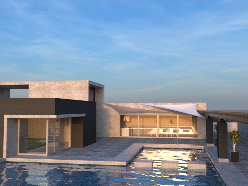 Wizualizacja nowoczesnego domu z płaskim dachem i basenem, betonowa elewacja, duże przeszklenia, minimalistyczny design, błękitne niebo w tle.