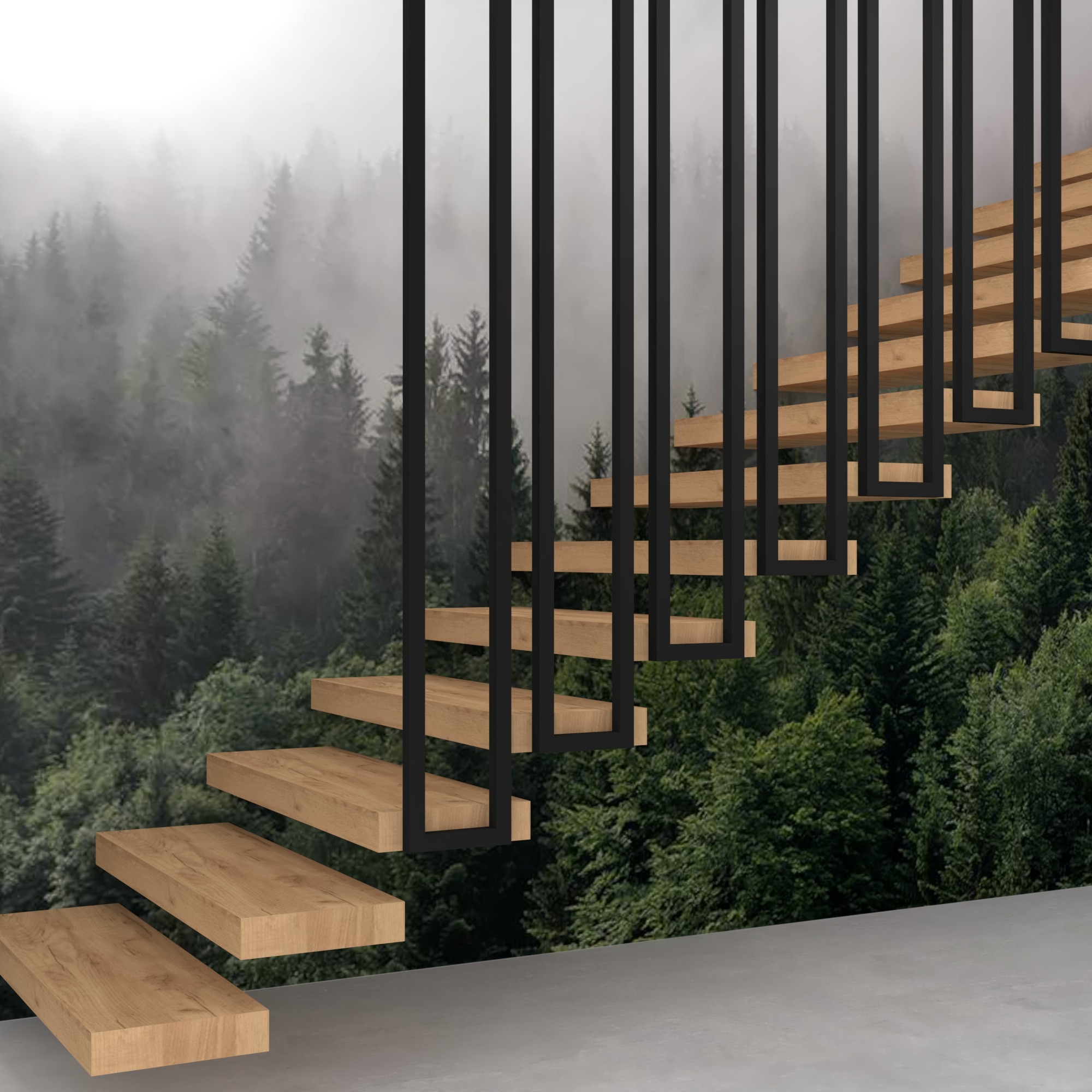 Nowoczesne schody wspornikowe z drewnianymi stopniami i czarną metalową konstrukcją na tle fototapety z motywem mglistego lasu iglastego.