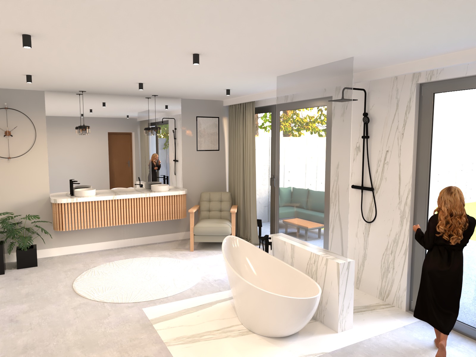 Nowoczesna łazienka z wolnostojącą wanną, umywalką na drewnianej szafce, dużym lustrem, oknem z widokiem na taras i kobietą w szlafroku.