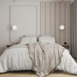 Jasna sypialnia z dużym łóżkiem, beżowymi zasłonami, panelami ściennymi i szafą w zabudowie, oświetlona wiszącymi lampami kulami i naturalnym światłem z okna.