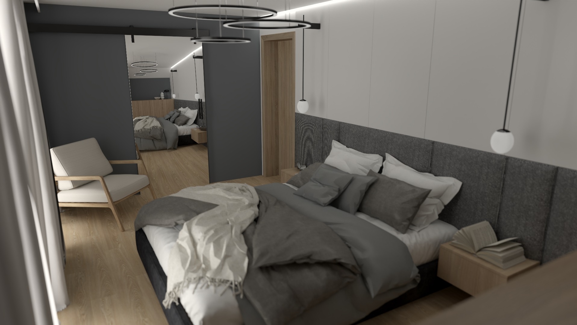 Nowoczesna sypialnia w odcieniach szarości i bieli z drewnianymi akcentami, widoczna lampa wisząca w kształcie kuli, krzesło o drewnianej ramie i jasnym obiciu oraz lustrzane odbicie dalszej części...