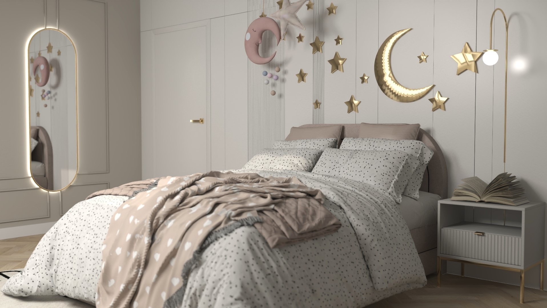 Pokój dziecięcy z łóżkiem w biało-szare wzory, ozdobiony złotymi gwiazdami i księżycami na ścianie, z lustrem w złotej ramie i lampką nocną z otwartą książką na szafce.