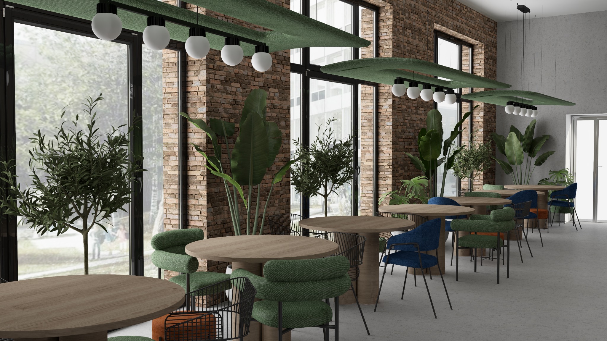 Wnętrze kawiarni lub biura z okrągłymi drewnianymi stolikami i krzesłami w odcieniach zieleni i granatu, urozmaicone roślinami doniczkowymi i panelami akustycznymi w kolorze zielonym podwieszonymi...