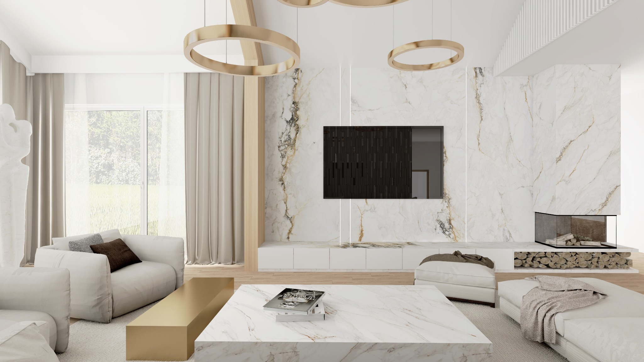 Jasne, przestronne wnętrze salonu z marmurową ścianą, wiszącymi złotymi lampami w kształcie okręgów, minimalistycznym kominkiem i nowoczesnymi meblami wypoczynkowymi w odcieniach bieli i beżu.