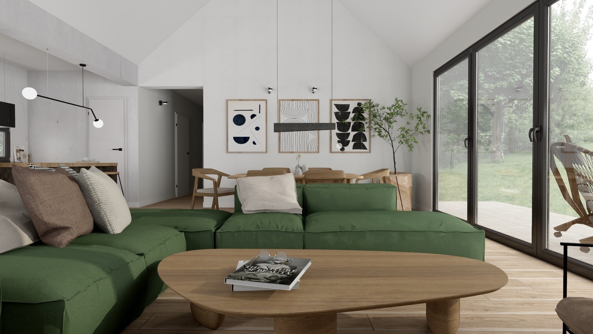 Jasne wnętrze domu z zieloną sofą modułową, drewnianym stolikiem kawowym z książką i okularami, jadalnią w tle i dużym oknem przesuwnym z widokiem na ogród.