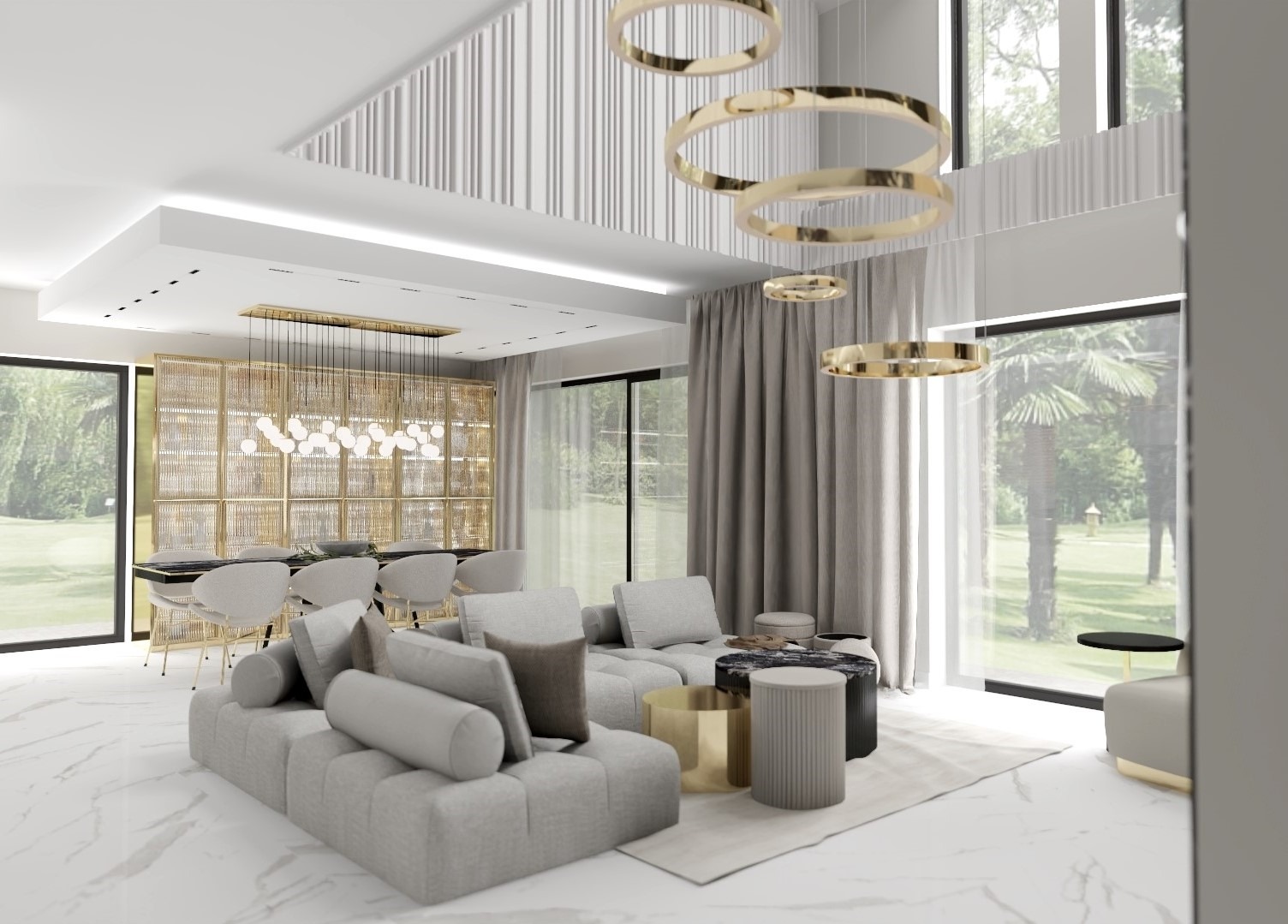 Wnętrze przestronnego salonu z jadalnią w stylu nowoczesnym, z szarym narożnikiem, marmurową podłogą i złotymi lampami pierścieniowymi.