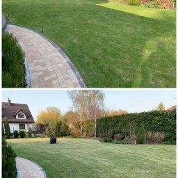 Gardenkeepers - Porównanie trawnika przed i po zabiegu pielęgnacyjnym w Skierniewicach: góra - trawa przed, dół - trawa po zabiegu z widocznym workiem zebranych resztek trawy.