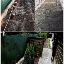 Gardenkeepers - Porównanie stanu przed i po założeniu ogrodu: wyrównana ziemia z pniakami kontra ścieżka z białego żwiru, kora, tuje i drewniany płot wzdłuż zielonej siatki.