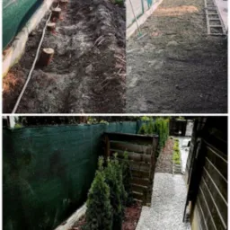 Porównanie stanu przed i po założeniu ogrodu: wyrównana ziemia z pniakami kontra ścieżka z białego żwiru, kora, tuje i drewniany płot wzdłuż zielonej siatki.